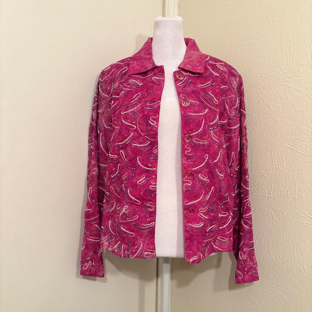Anage Pink 100% Silk Embroidered Sequin Abstract Button Front Jacket Retro S